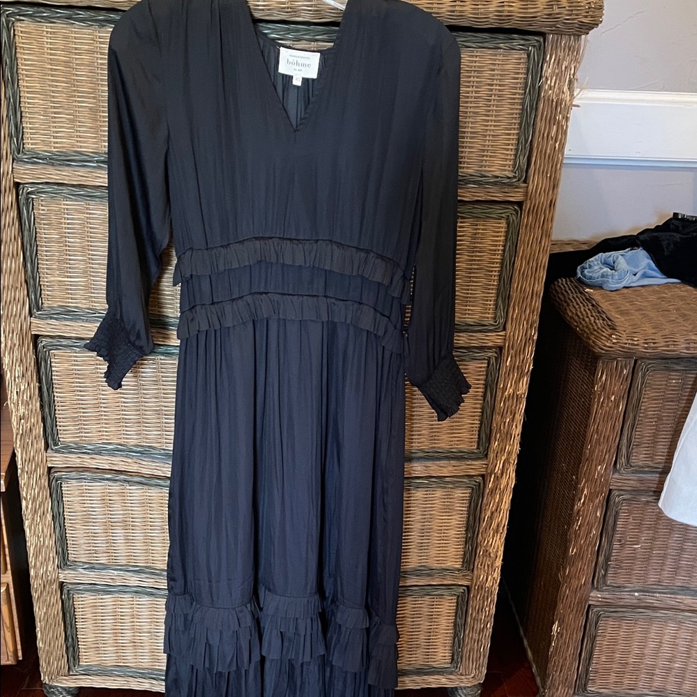 Böhme Black Long Sleeve Ruffle Tiered Midi Dress